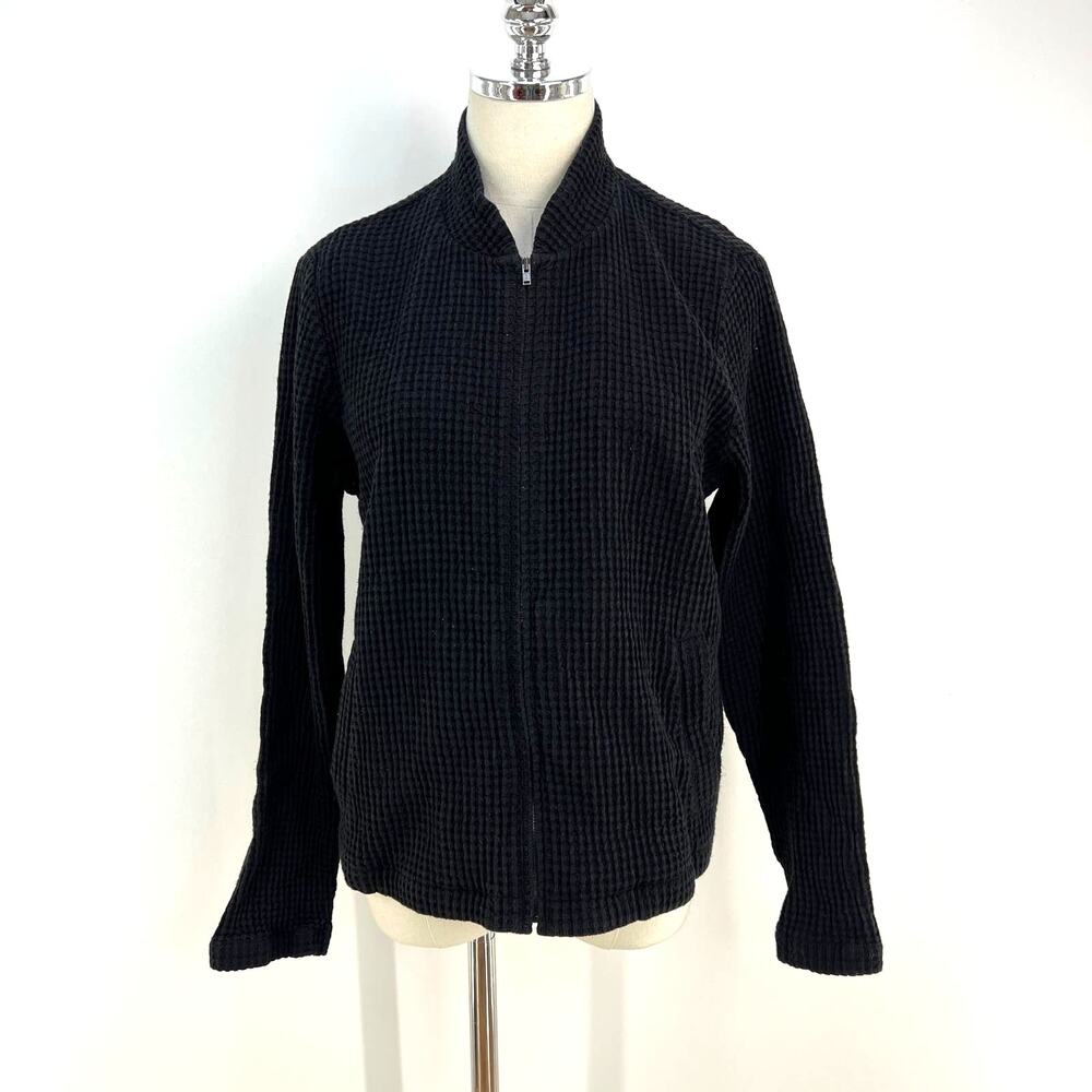 Eileen Fisher Waffle Texture Jacket Black Zip Front Long Sleeves Cardigan